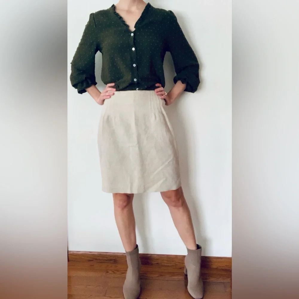 Linen & Cotton Paul Harris Short Pencil Skirt Sz 10 Tan Beige Cream Lined - Picture 4 of 10